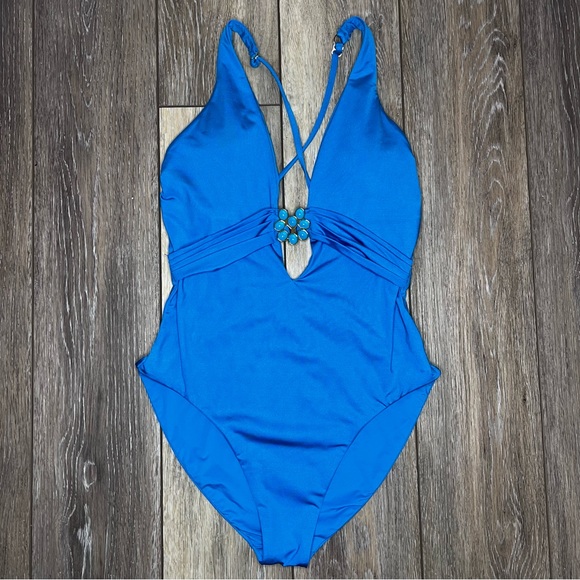Trina Turk Monaco Solid Plunge one piece swimsuit Adriatic Blue turquoise 6 8 10 - Picture 3 of 11